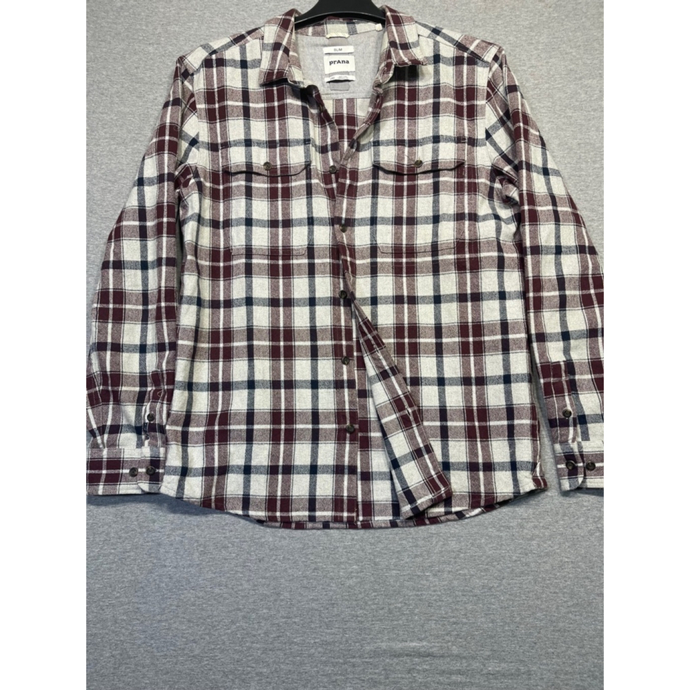 Men's Prana Flannel Shirt Size L Beige Burgundy Plaid Long Sleeve